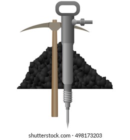 Pneumatic hammer and pickaxe coal background. The illustration on a white background.