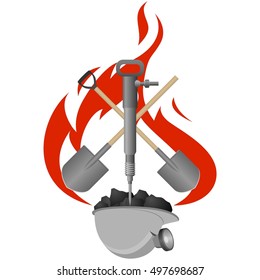 Pneumatic hammer, shovel and helmet with coal on a background of fire. The illustration on a white background.