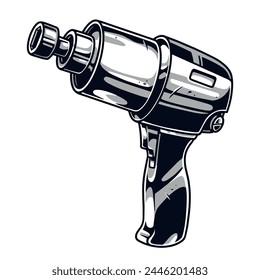 Pneumatic impact wrench monochrome vintage sticker with device for quickly changing racing car wheels during tournament vector illustration