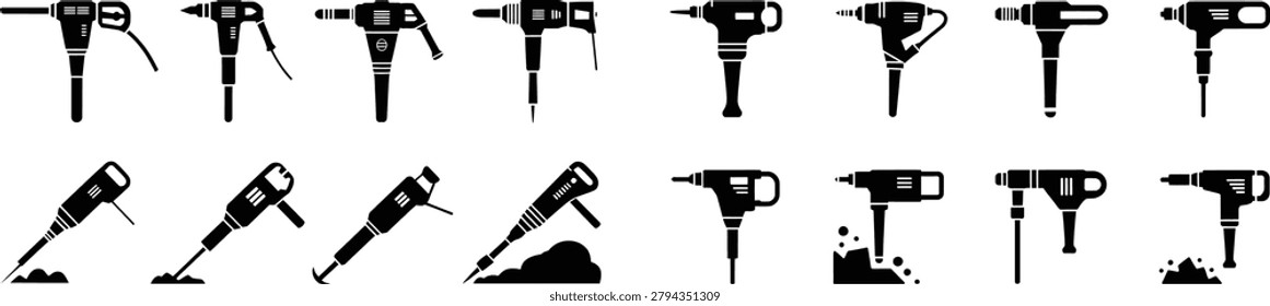 Pneumatic jackhammer, industrial tool, demolition process, excavation equipment, concrete breaker, heavy machinery, construction site, groundwork, rock splitting.