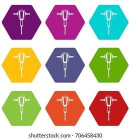 Pneumatic plugger hammer icon set many color hexahedron isolated on white vector illustration