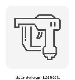 Pneumatic stapler icon. Also called staple gun or powered stapler. That is a hand held machine used to drive heavy metal staple into wood and upholstery etc. Powered by air pressure. 64x64 px icon.