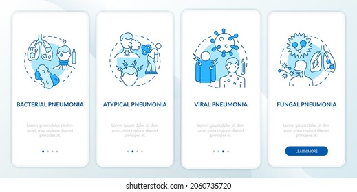 Pneumonia classification onboarding mobile app page screen. Bacteria and virus walkthrough 4 steps graphic instructions with concepts. UI, UX, GUI vector template with linear color illustrations