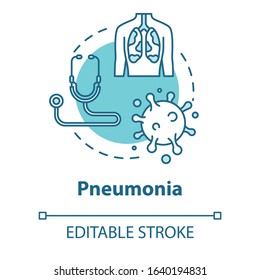 Pneumonia concept icon. Inflamed trachea. Disease diagnosis. Respiratory illness. Bronchi, trachea. Healthcare idea thin line illustration. Vector isolated outline RGB color drawing. Editable stroke