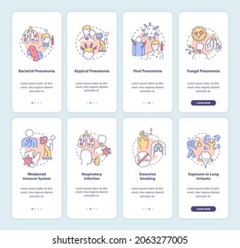 Pneumonia diagnosis onboarding mobile app page screen set. Infection symptoms walkthrough 4 steps graphic instructions with concepts. UI, UX, GUI vector template with linear color illustrations