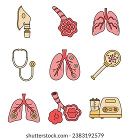 Pneumonia disease icon set. Outline set of pneumonia disease vector icons thin line color flat on white