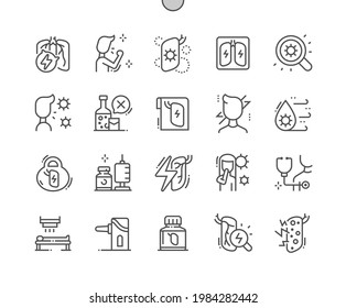 Pneumonia. Pulmonary infection. Listen to lungs. Cough, treatment and pills. Health care, medical and medicine. Pixel Perfect Vector Thin Line Icons. Simple Minimal Pictogram