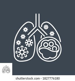 Pneumonia related vector thin line icon. Lungs with alveoli and coronavirus. Isolated on black background. Editable stroke. Vector illustration.