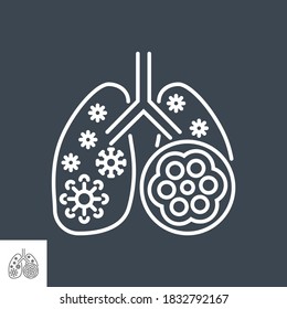 Pneumonia related vector thin line icon. Lungs with alveoli and coronavirus. Isolated on black background. Editable stroke. Vector illustration.