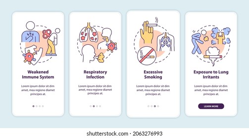 Pneumonia risk factors onboarding mobile app page screen. Respiratory infection walkthrough 4 steps graphic instructions with concepts. UI, UX, GUI vector template with linear color illustrations
