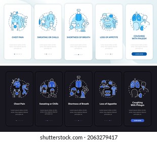 Pneumonia signs onboarding mobile app page screen. Breath shortness walkthrough 5 steps graphic instructions with concepts. UI, UX, GUI vector template with linear night and day mode illustrations