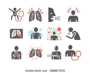 Pneumonia. Symptoms, Treatment. Flat icons set. Vector infographics.