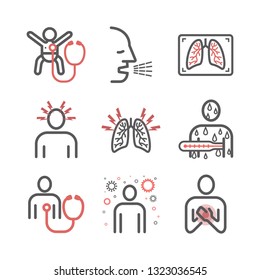 Pneumonia. Symptoms, Treatment. Line icons set. Vector infographics.