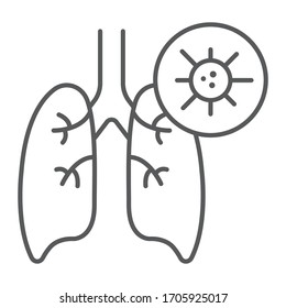 Pneumonia thin line icon, flu and coronavirus, lungs with covid-19 sign, vector graphics, a linear icon on a white background, eps 10