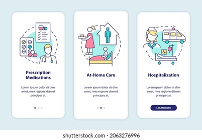 Pneumonia treatment onboarding mobile app page screen. Medications and rest walkthrough 3 steps graphic instructions with concepts. UI, UX, GUI vector template with linear color illustrations