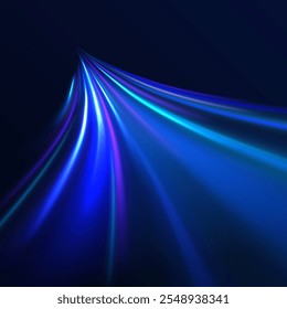 Plano de fundo abstrato PNG em estilo tecnológico futurista com linhas de velocidade e raios de cores de néon. Apresentando linhas de luz em um plano de fundo azul para ilustrar o movimento.