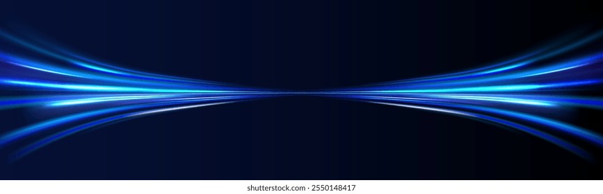 Plano de fundo abstrato PNG em estilo tecnológico futurista com linhas de velocidade e raios de cores de néon. Apresentando linhas de luz em um plano de fundo azul para ilustrar o movimento.