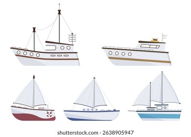 PNG boat in harbor with fresh fish symbol and cruiser illustration for fishing industry or seafood catch in marine transportation with traditional sail and ocean travel concept