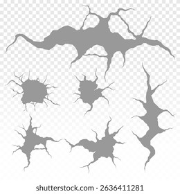 PNG cartoon crack icon with black and white smash on stone or cement wall in isolated grunge style for crash or fracture illustration with ruin and destruction detail