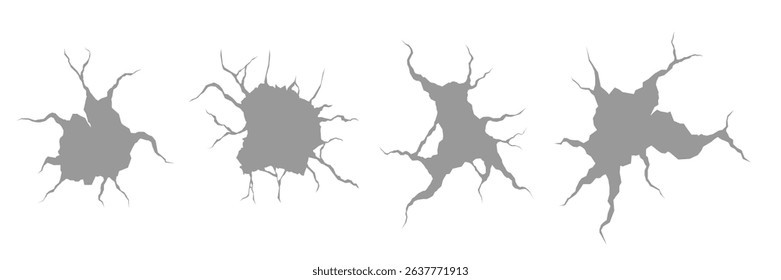 PNG cartoon crack icon with black and white smash on stone or cement wall in isolated grunge style for crash or fracture illustration with ruin and destruction detail