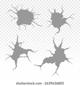 PNG cartoon crack icon with black and white smash on stone or cement wall in isolated grunge style for crash or fracture illustration with ruin and destruction detail