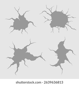 PNG cartoon crack icon with black and white smash on stone or cement wall in isolated grunge style for crash or fracture illustration with ruin and destruction detail