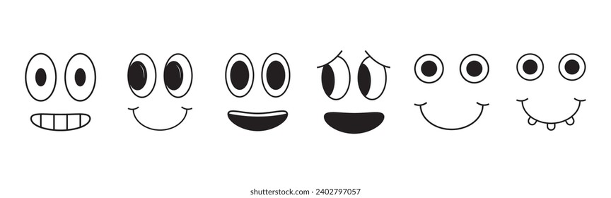 Png cartoon faces, abstract design mascots - stickers and badges, happy, angry expressions, sticker and icons with different face expressions