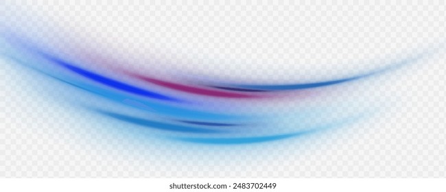 PNG. Elegant bright neon linear wave. Abstract light lines of movement and speed with blue color and sparkles. The effect of speed on a blue background. Vector Illustration.