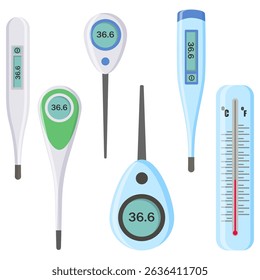 PNG fever measurement tool with sensor and equipment for illness test in health clinic or medical background featuring thermometer sign and temperature scale in white
