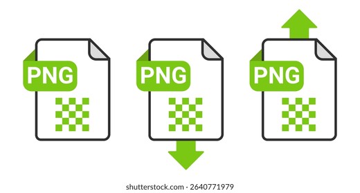 PNG File Download and Upload Icon Set with Green Arrow Symbol on Transparent Background for Image Transfer, Data Sharing and Graphic File Exchange Vector Illustration