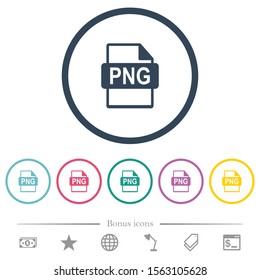 PNG file format flat color icons in round outlines. 6 bonus icons included.