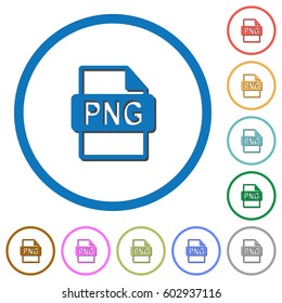 PNG file format flat color vector icons with shadows in round outlines on white background