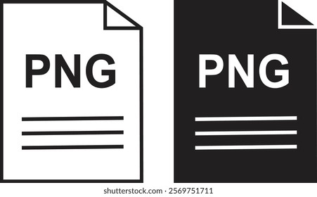 PNG file icon set. PNG file type symbol. File PNG format icon in black filled and outlined style isolated on transparent background. Ideal for technology or data related content, vector illustration.