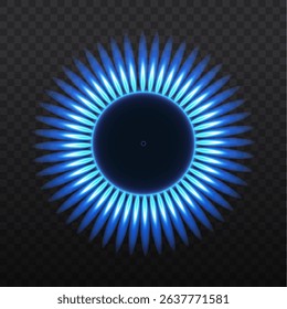 PNG gas stove top with glowing blue flame and burner ring in kitchen background for cooking or heating food in home appliance powered by propane or butane energy element
