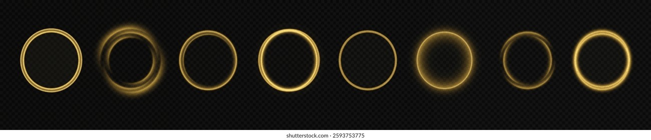 PNG Glowing Golden Rings Sparkles, Radiant Light Circles, Shiny Gold Halo Effect, Bright Loop Glow, Elegant Sparkling Light, Luxurious Golden Flare, Twinkling Ring Illumination, Magic Light Orbs.