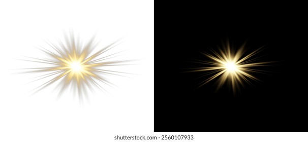 Png gold star light, sparkle. Yellow light effect. Shining light with yellow gold color. Png spotlight spark.Vector transparent sunlight special lens flare light effect.	
