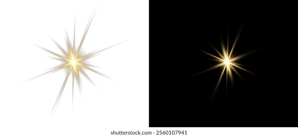 Png gold star light, sparkle. Yellow light effect. Shining light with yellow gold color. Png spotlight spark.Vector transparent sunlight special lens flare light effect.	
