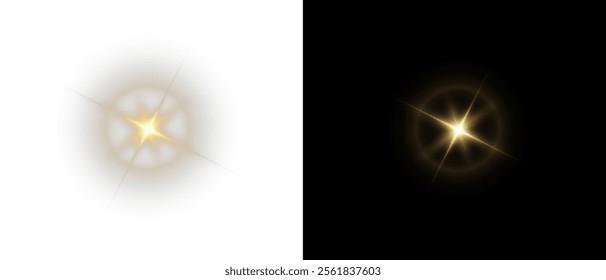 Png gold star light, sparkle. Yellow light effect. Shining light with yellow gold color. Png spotlight spark.Vector transparent sunlight special lens flare light effect.	