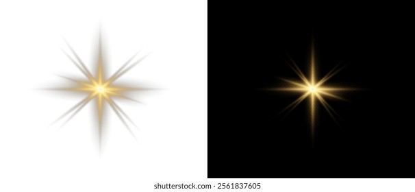 Png gold star light, sparkle. Yellow light effect. Shining light with yellow gold color. Png spotlight spark.Vector transparent sunlight special lens flare light effect.	