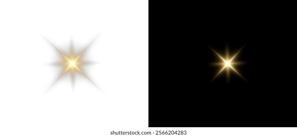 Png gold star light, sparkle. Yellow light effect. Shining light with yellow gold color. Png spotlight spark.Vector transparent sunlight special lens flare light effect.	