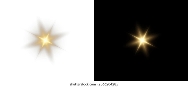 Png gold star light, sparkle. Yellow light effect. Shining light with yellow gold color. Png spotlight spark.Vector transparent sunlight special lens flare light effect.	