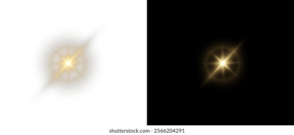 Png gold star light, sparkle. Yellow light effect. Shining light with yellow gold color. Png spotlight spark.Vector transparent sunlight special lens flare light effect.	