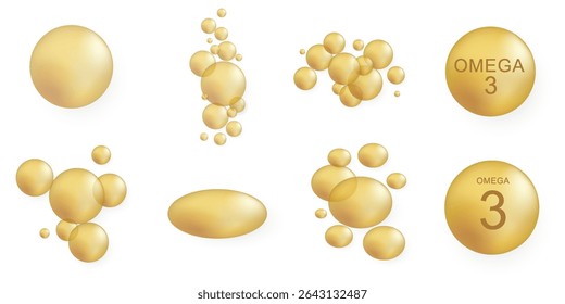 PNG golden bubble with isolated omega3 drop in vitamin design for cholesterol support or sea nutrition pack including calcium supplement and white background icon