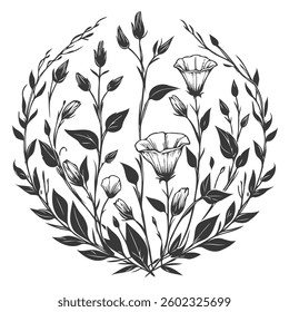 PNG Hand drawn botanical illustration vintage floral wreath of wild flowers, engraved black and white frame, decorative elements of plants, blossom pattern, blooming sketch cosmos, Chamomile, daisies