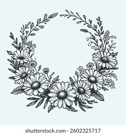 PNG Hand drawn botanical illustration vintage floral wreath of wild flowers, engraved black and white frame, decorative elements of plants, blossom pattern, blooming sketch cosmos, Chamomile, daisies