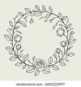 PNG Hand drawn botanical illustration vintage floral wreath of wild flowers, roses buds, engraved black and white frame, decorative elements of plants, blossom pattern, blooming rose sketch branches 