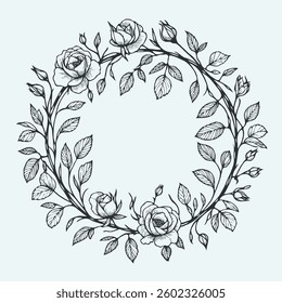 PNG Hand drawn botanical illustration vintage floral wreath of wild flowers, roses buds, engraved black and white frame, decorative elements of plants, blossom pattern, blooming rose sketch branches 