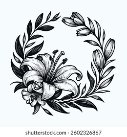 PNG Hand drawn botanical illustration vintage floral wreath flowers, lily buds, engraved black and white frame, decorative elements of plants, spring blossom pattern, blooming lilies sketch
