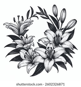 PNG Hand drawn botanical illustration vintage floral wreath flowers, lily buds, engraved black and white frame, decorative elements of plants, spring blossom pattern, blooming lilies sketch