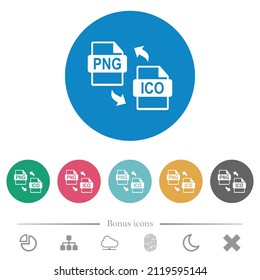 PNG ICO file conversion flat white icons on round color backgrounds. 6 bonus icons included.